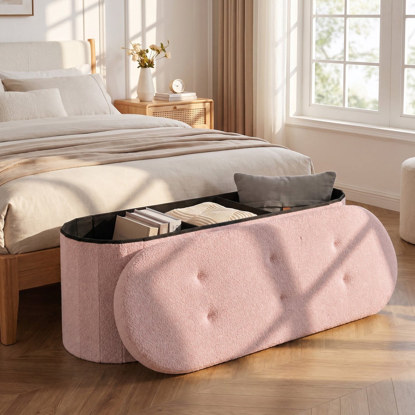 43in Folding Storage Ottoman Bench with Dividers Teddy Fleece pink DirectDeals ottoman open lid on Tampa Home & Garden Store