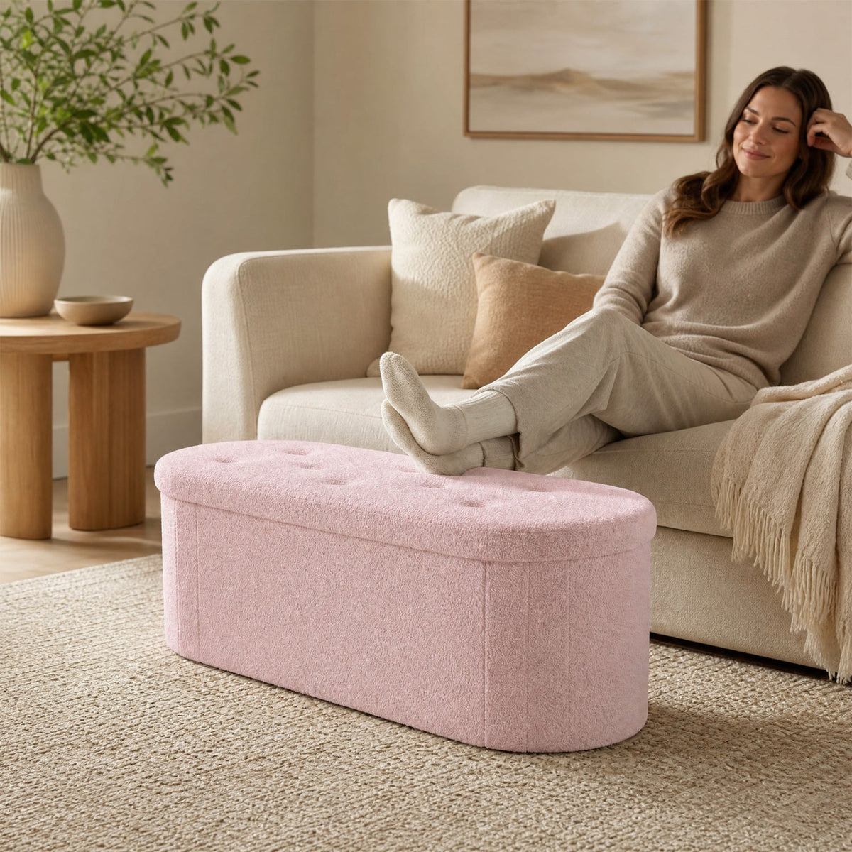 Storage ottoman DirectDeals teddy fleece pink round tufted bench in living room with sofa on Tampa Home & Garden Store