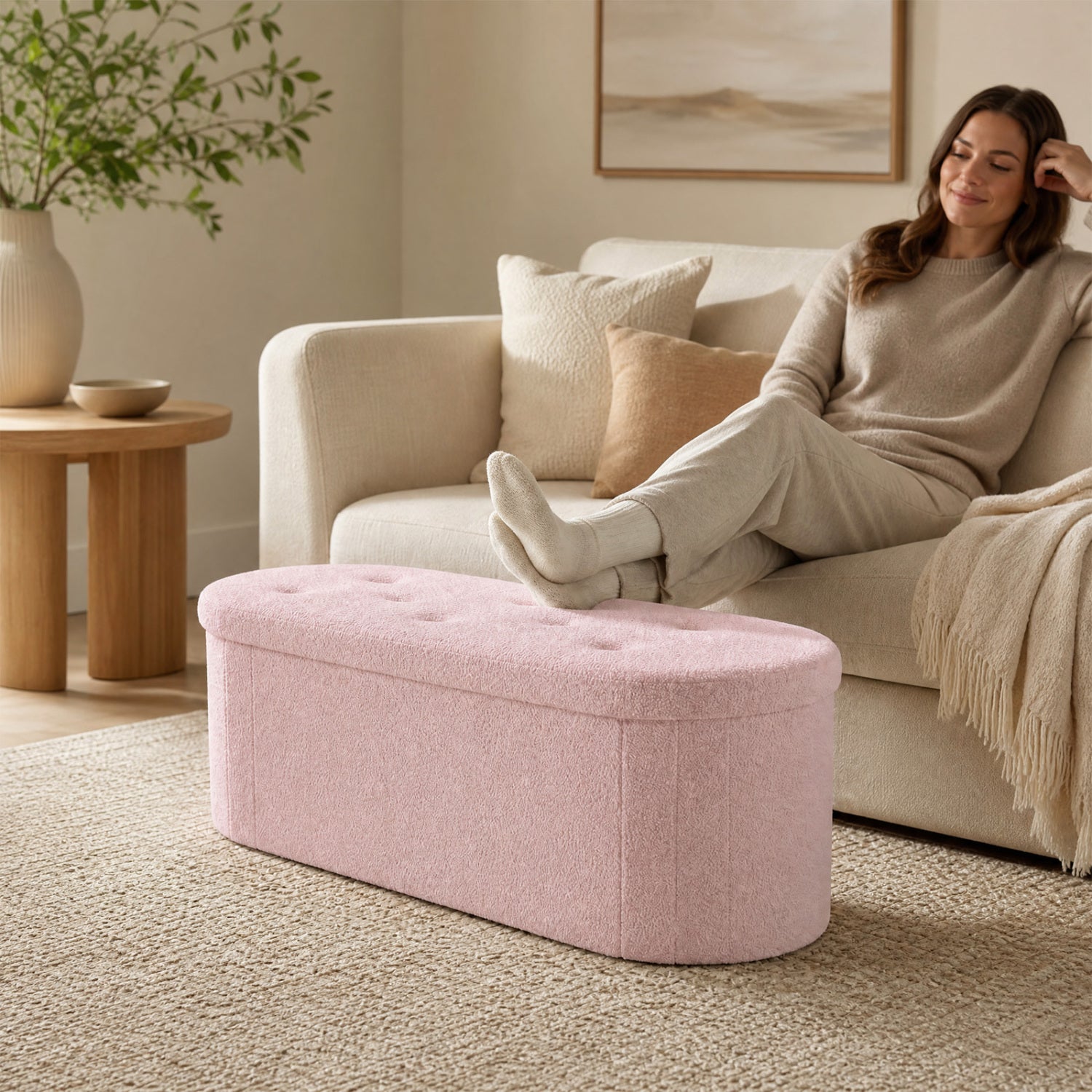 Storage ottoman DirectDeals teddy fleece pink round tufted bench in living room with sofa on Tampa Home & Garden Store
