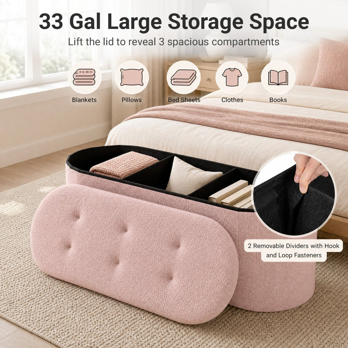 43in Folding Storage Ottoman Bench with Dividers Teddy Fleece pink shows 3 interior compartments on Tampa Home & Garden Store
