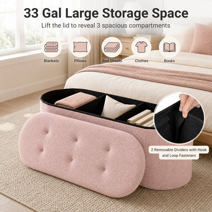 43in Folding Storage Ottoman Bench with Dividers Teddy Fleece pink shows 3 interior compartments on Tampa Home & Garden Store