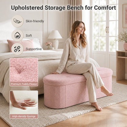 43in pink teddy fleece folding storage ottoman bench DirectDeals soft high-density sponge on Tampa Home & Garden Store