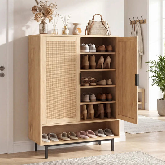 DirectDeals 6-Tier Tall Shoe Cabinet with double doors in light oak finish, cane-front panel on Tampa Home & Garden Store