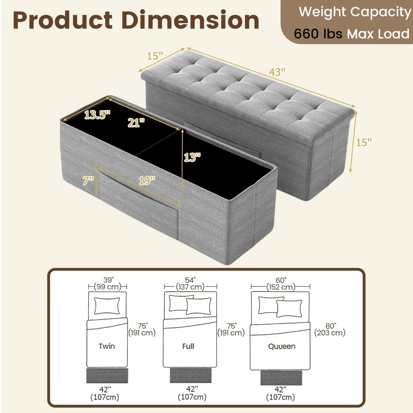 43 Inches Folding Storage Ottoman Bench Seat