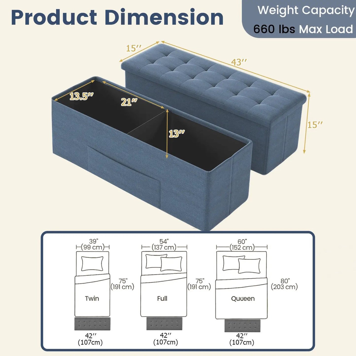 43 Inches Folding Storage Ottoman Bench Seat