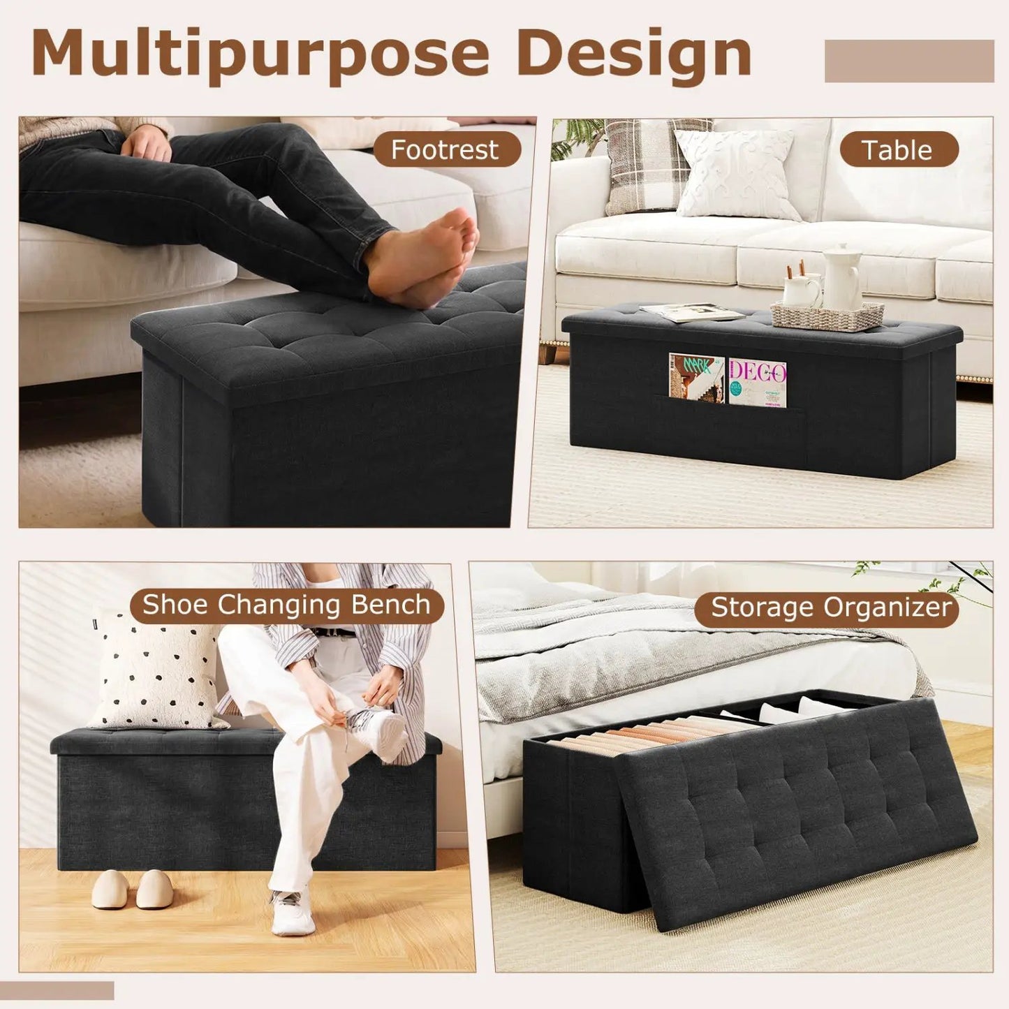 43 Inch Folding Storage Ottoman Bench Padded Seat