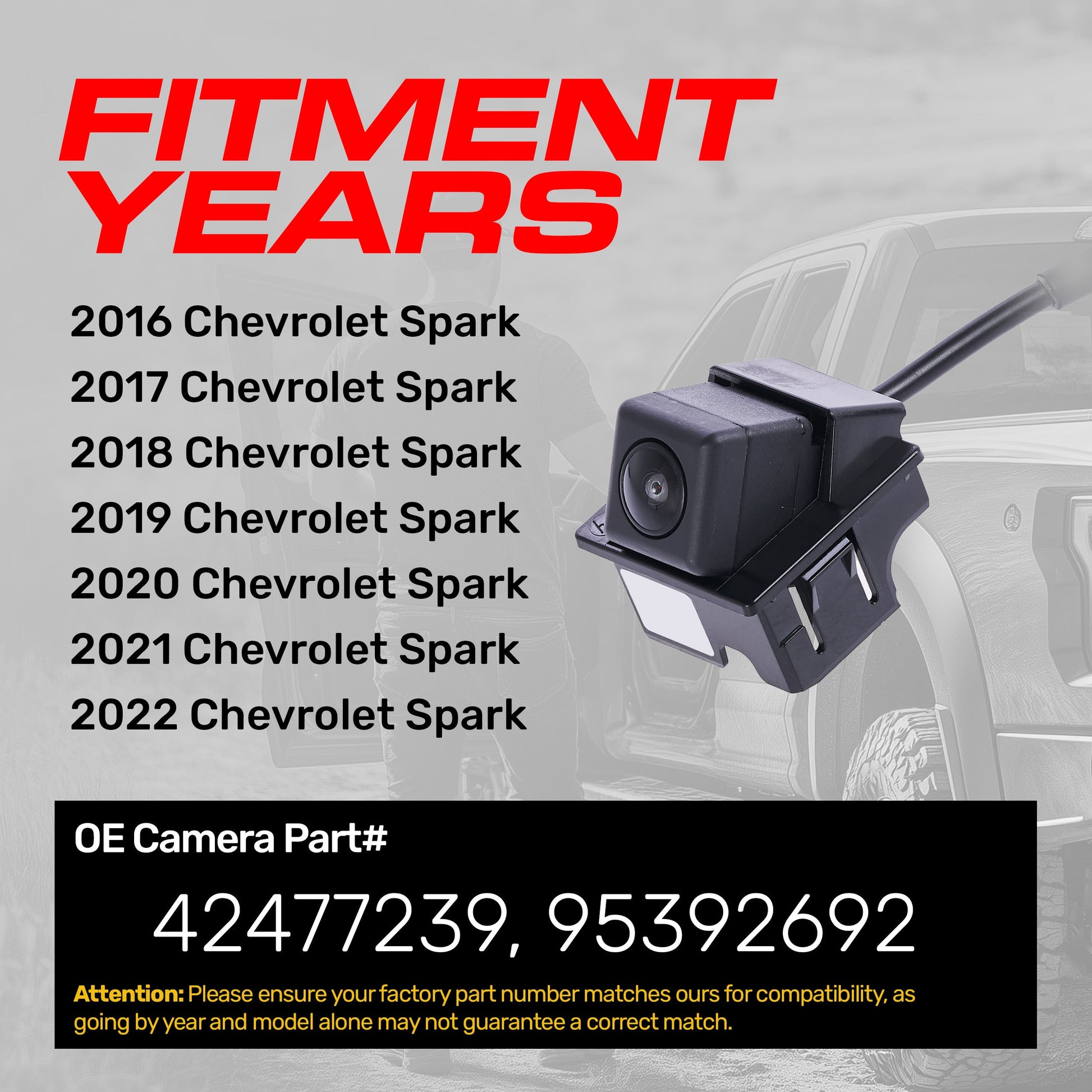 Master Tailgaters Chevrolet Spark OE backup camera 2016-2022; p# 42477239, 95392692 mounted rear on Tampa Home & Garden Store