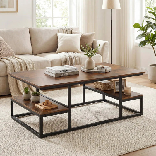 43-inch rectangle coffee table with storage and open shelves, black frame DirectDeals on Tampa Home & Garden Store