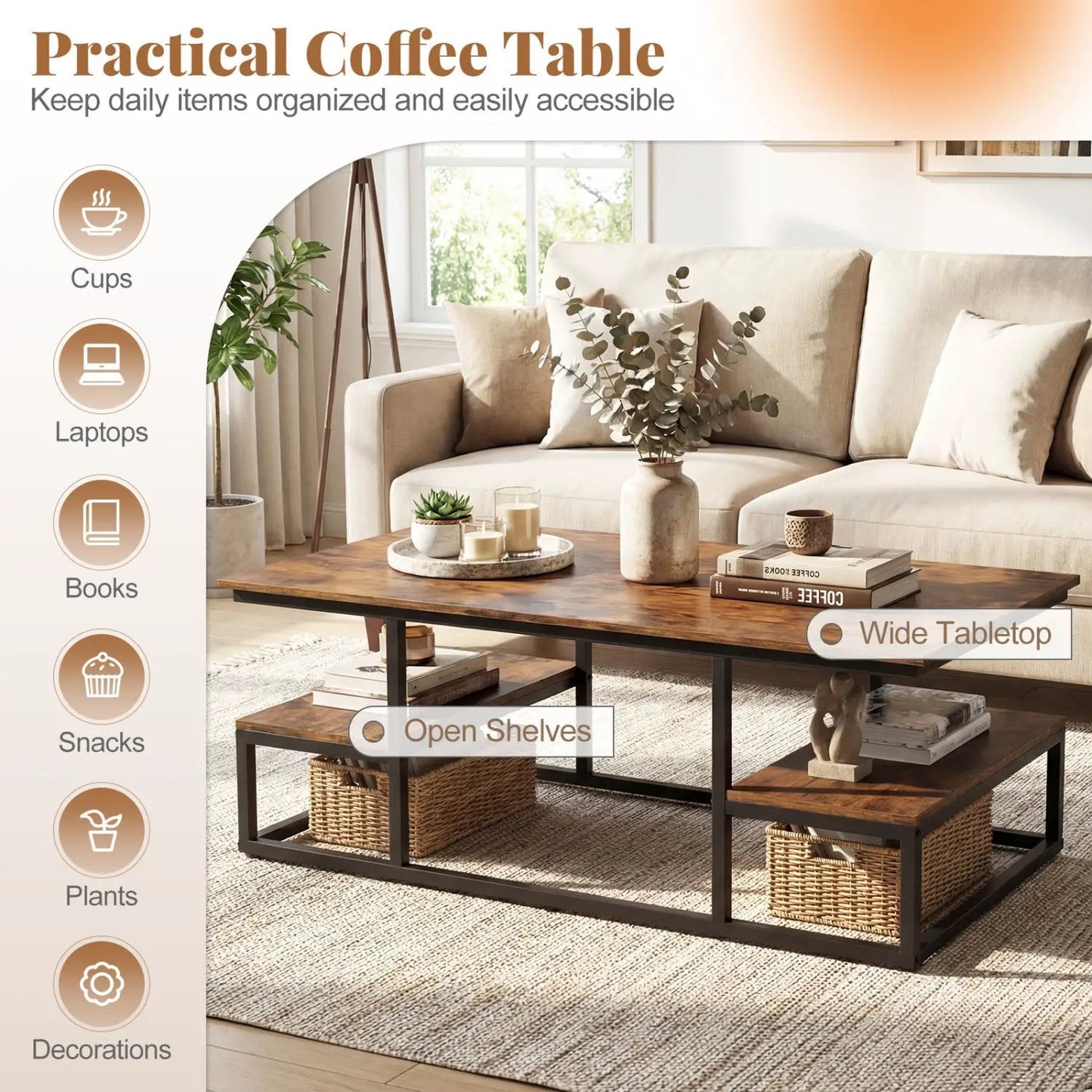 43 Inch Rectangle Coffee Table with Storage