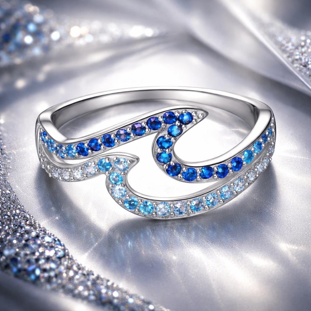 925 Sterling Silver White Gold Plated CZ Ring for Women, size 6, blue stones, by Bids.com on Tampa Home & Garden Store