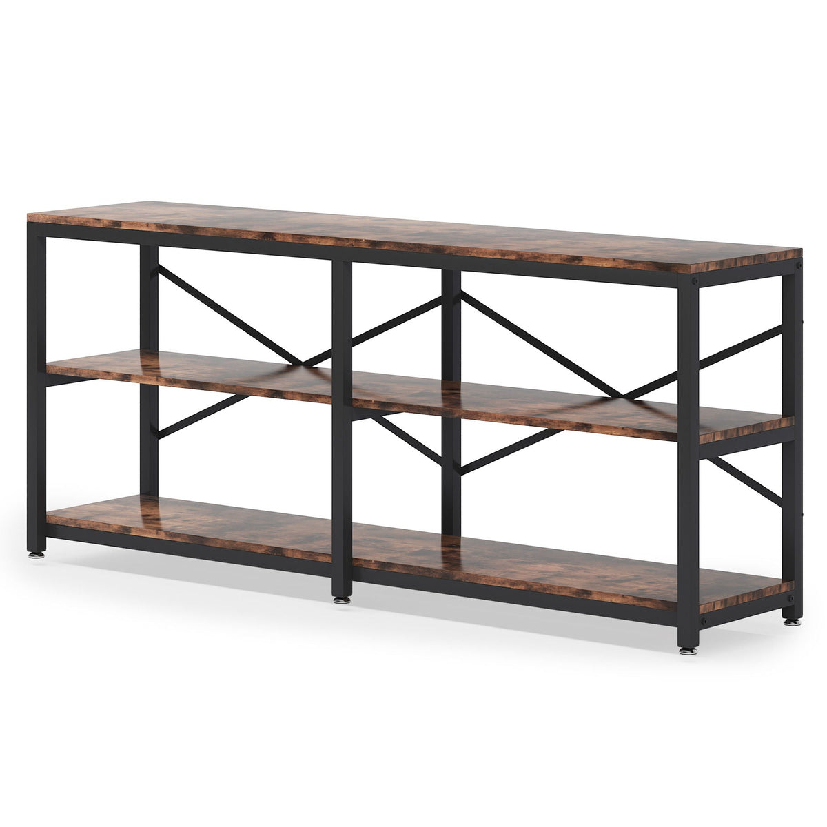 Extra long console table with X-back, 3-tier shelves, dark wood top, black metal frame HouseOfZazla on Tampa Home & Garden Store