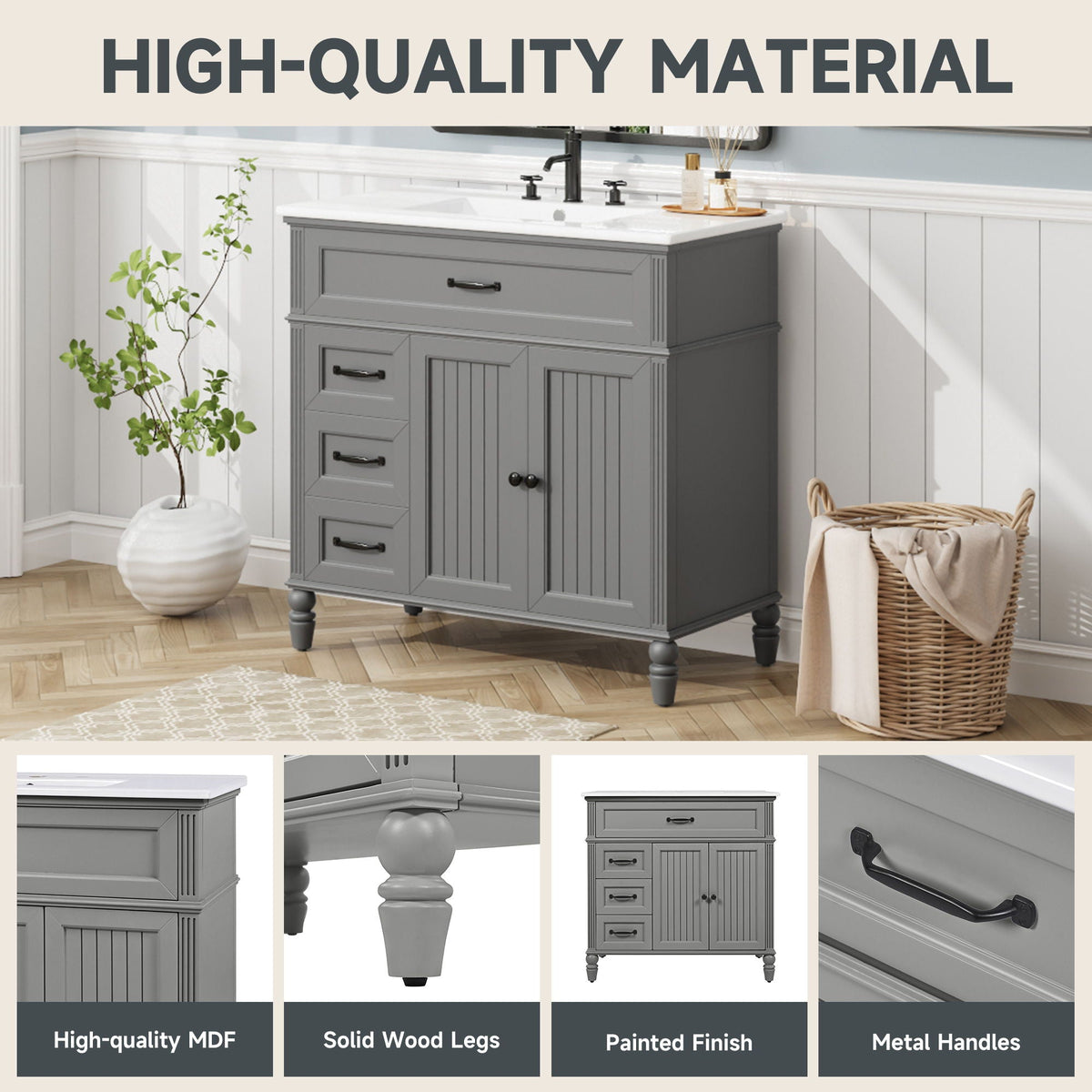 Bathroom vanity with sink and drawers by HouseOfZazla, solid wood cabinet in gray on Tampa Home & Garden Store