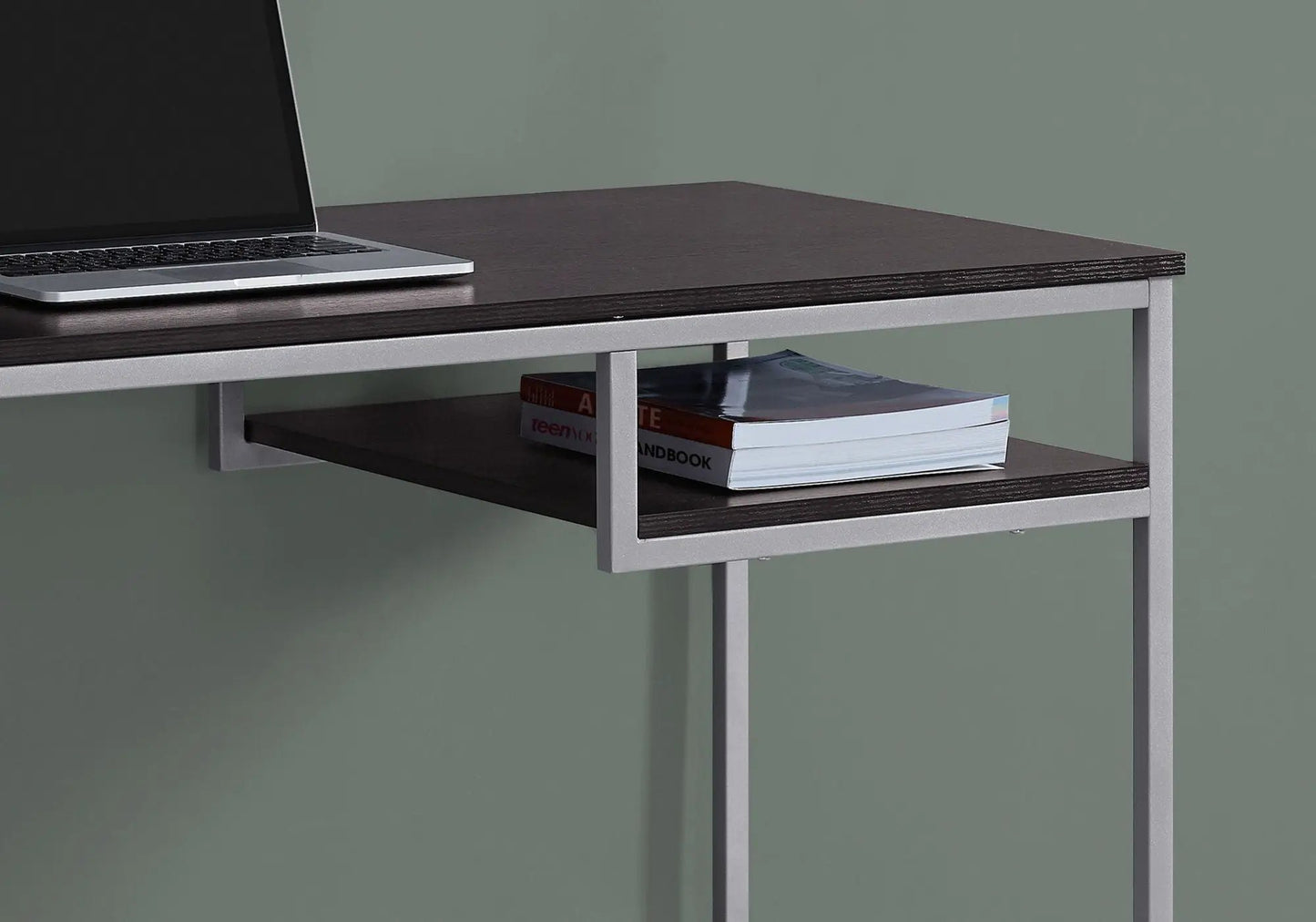 Computer desk for home office with dark wood top and silver metal frame, laptop on left on Tampa Home & Garden Store