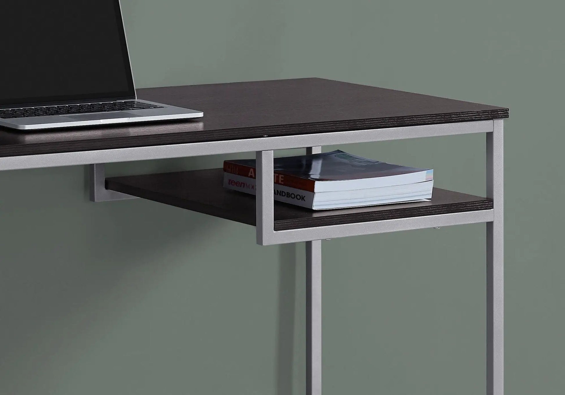 Computer desk for home office with dark wood top and silver metal frame, laptop on left on Tampa Home & Garden Store