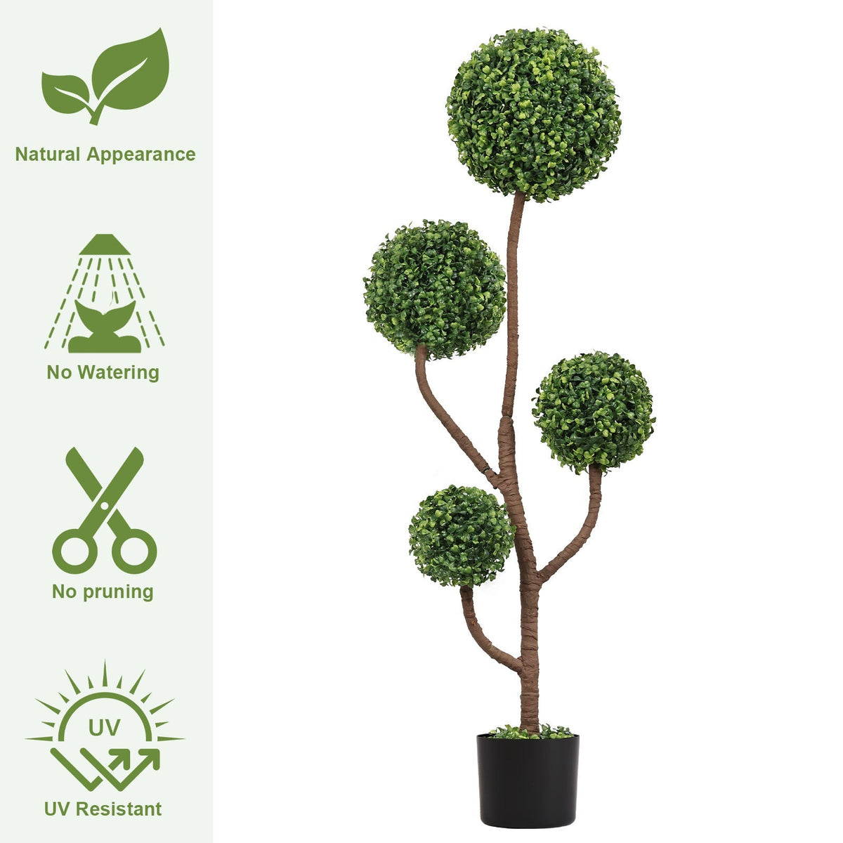 4ft tall artificial boxwood topiary tree with green leaves, faux plant from HouseOfZazla in a black planter on Tampa Home & Garden Store