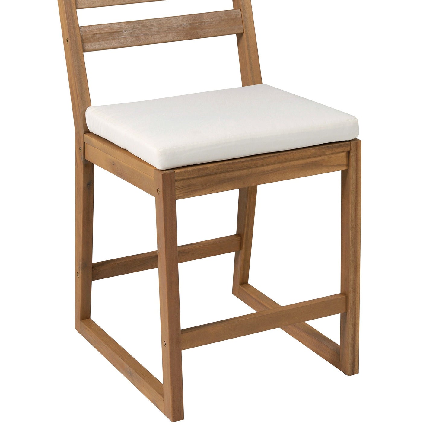 Patio bar chair with natural wood finish and white cushion, ergonomic design on Tampa Home & Garden Store
