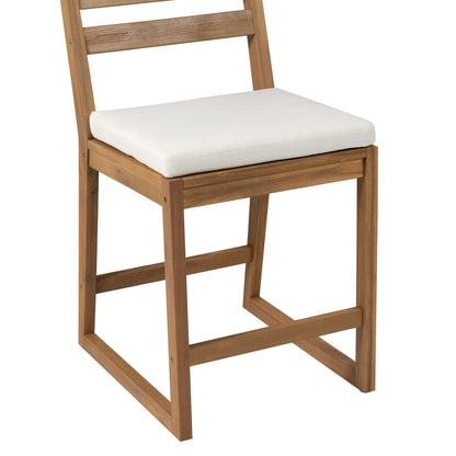 Patio bar chair with natural wood finish and white cushion, ergonomic design on Tampa Home & Garden Store