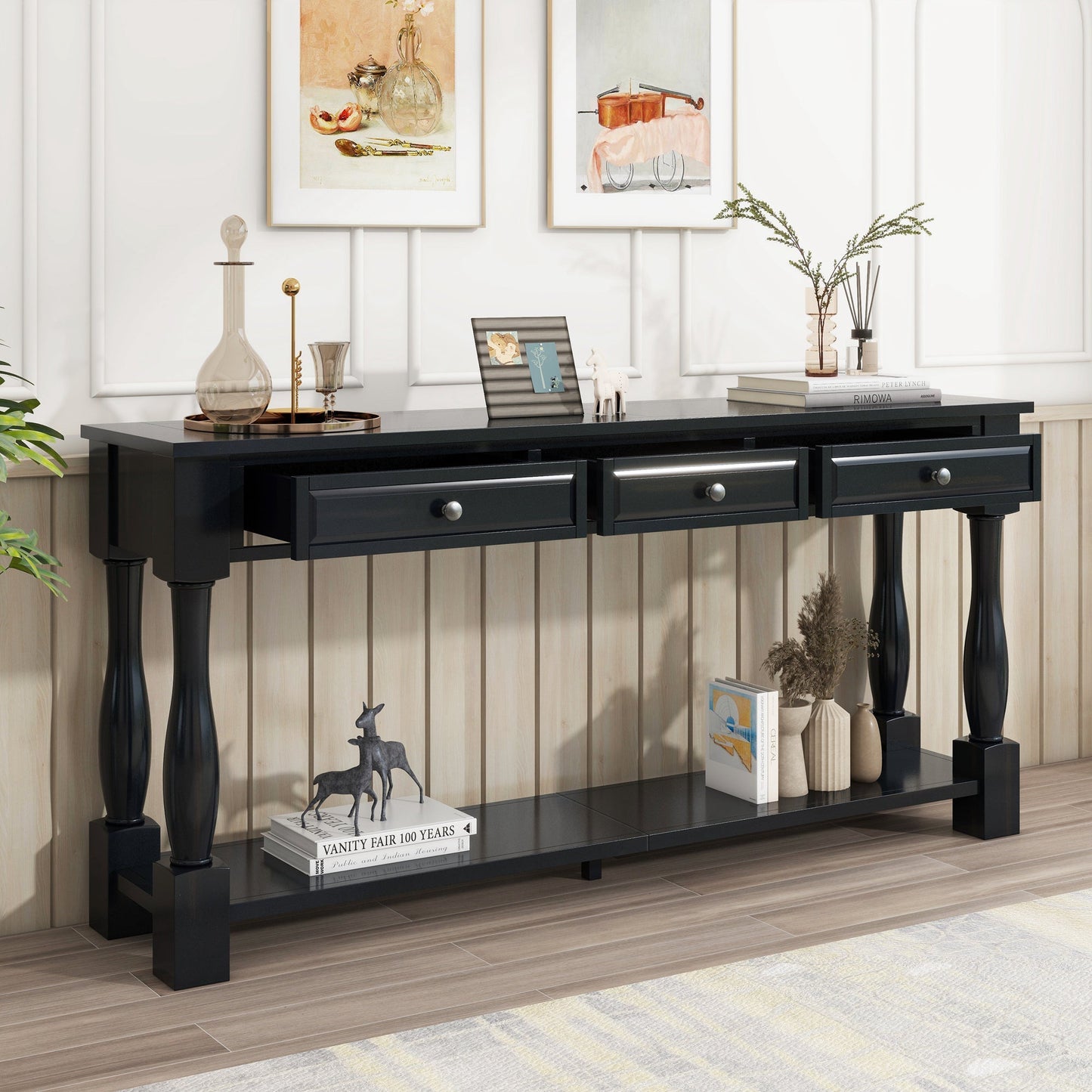 TREXM 63in Long black console table with 2 drawers and lower shelf in modern style on Tampa Home & Garden Store