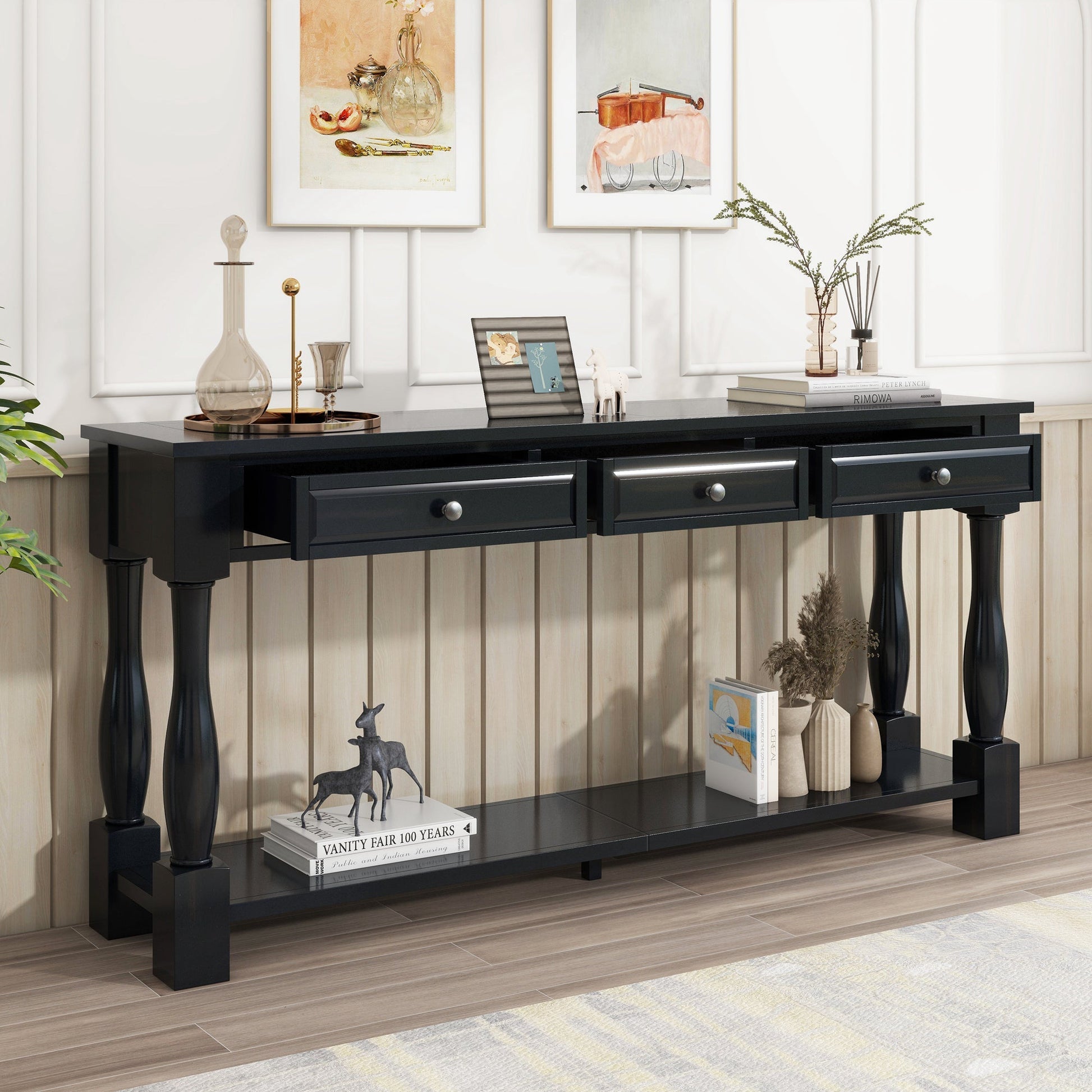 TREXM 63in Long black console table with 2 drawers and lower shelf in modern style on Tampa Home & Garden Store