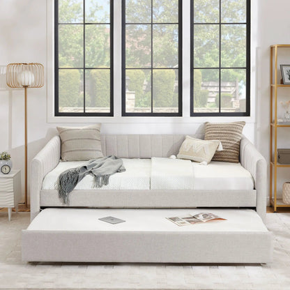Upholstered daybed with trundle in gray fabric with vertical stripes on Tampa Home & Garden Store