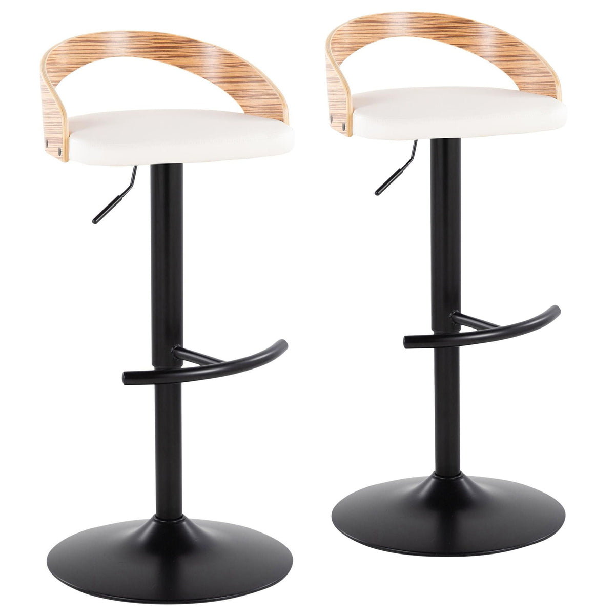 Adjustable swivel barstool set with cushioned white seats and woodgrain backrest, 2 stools on Tampa Home & Garden Store