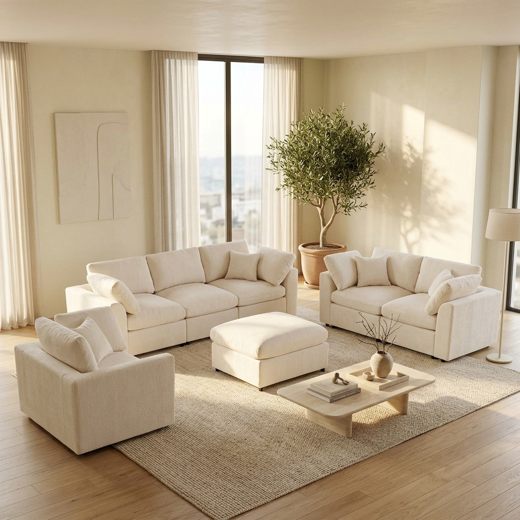 Modern Chenille Modular Sofa and Ottoman Set
