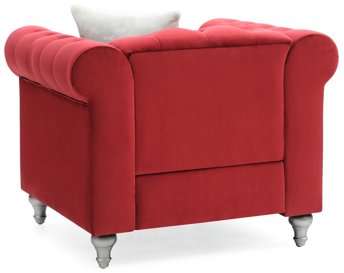 Contemporary lounge chair with faux jeweled tufting in red velvet upholstery on Tampa Home & Garden Store