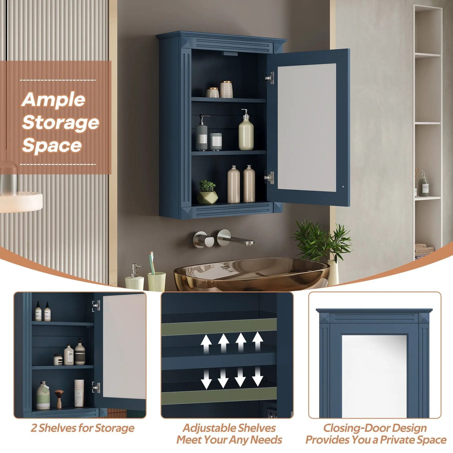 Wall mounted bathroom medicine cabinet with mirror in blue finish by Unique Piece Furniture on Tampa Home & Garden Store