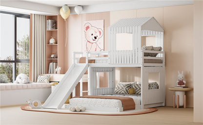 Loft bunk bed with playhouse by HouseOfZazla in white farmhouse style with slide on Tampa Home & Garden Store