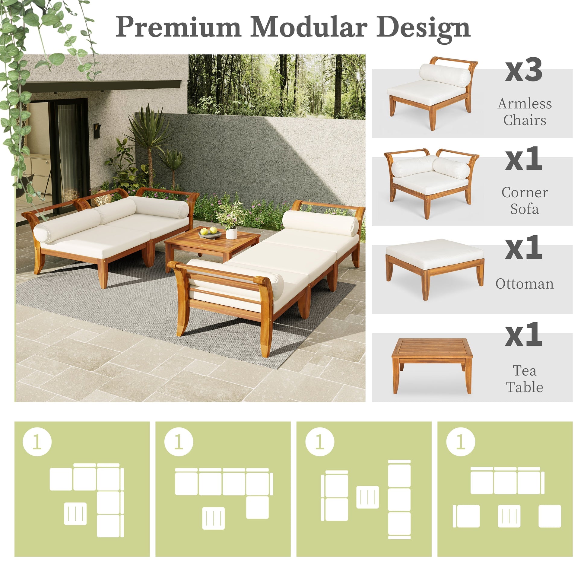6 Piece Acacia Wood Outdoor Modular Sectional with Daybed & Tea Table, white cushions on Tampa Home & Garden Store