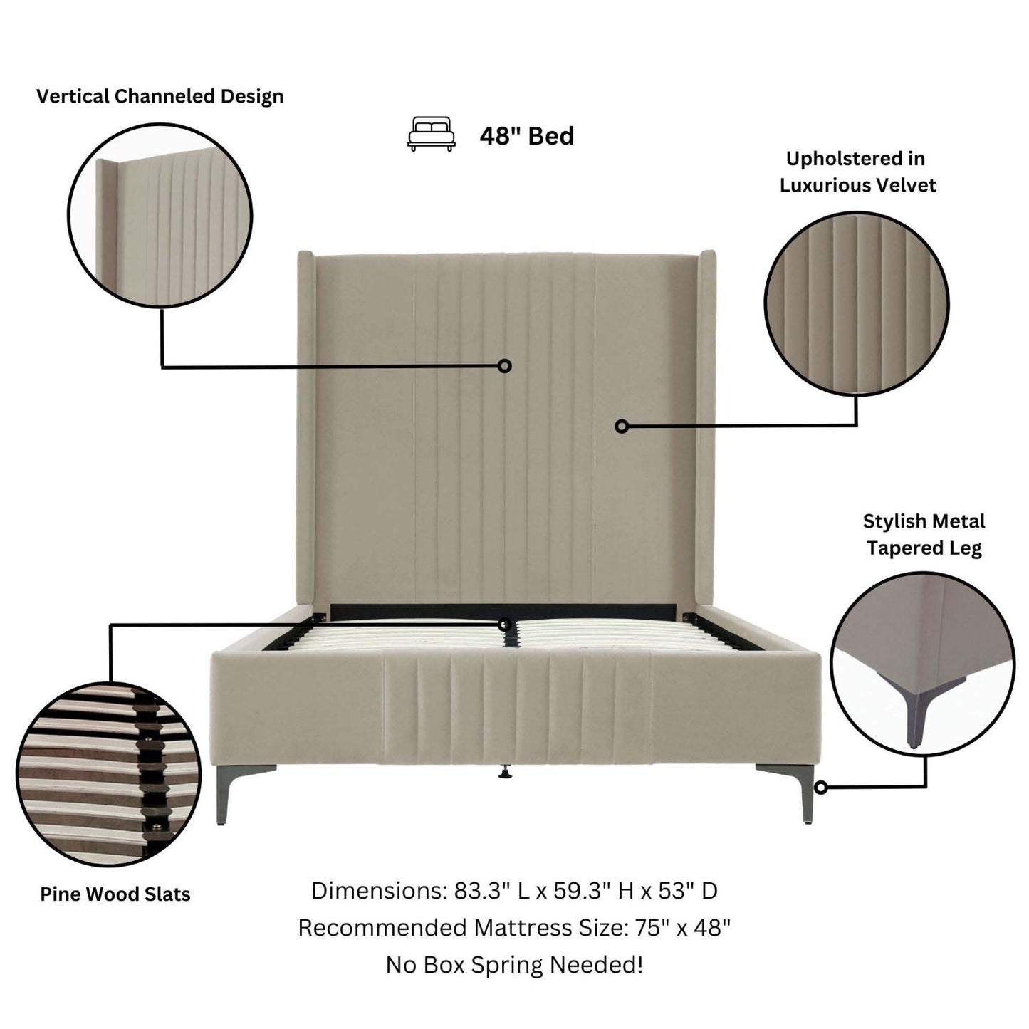 Promenade upholstered bed HouseOfZazla beige velvet headboard with channel tufting and pine slats on Tampa Home & Garden Store