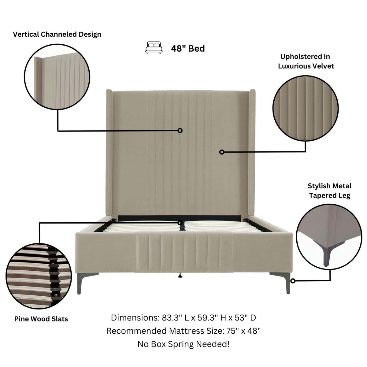 Promenade upholstered bed HouseOfZazla beige velvet headboard with channel tufting and pine slats on Tampa Home & Garden Store
