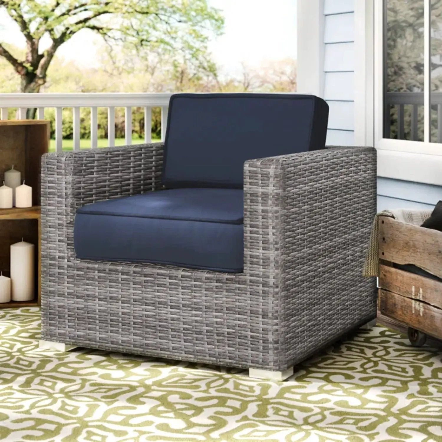 Patio Chair With Cushions Stylish Design gray wicker arm chair with navy cushions on Tampa Home & Garden Store