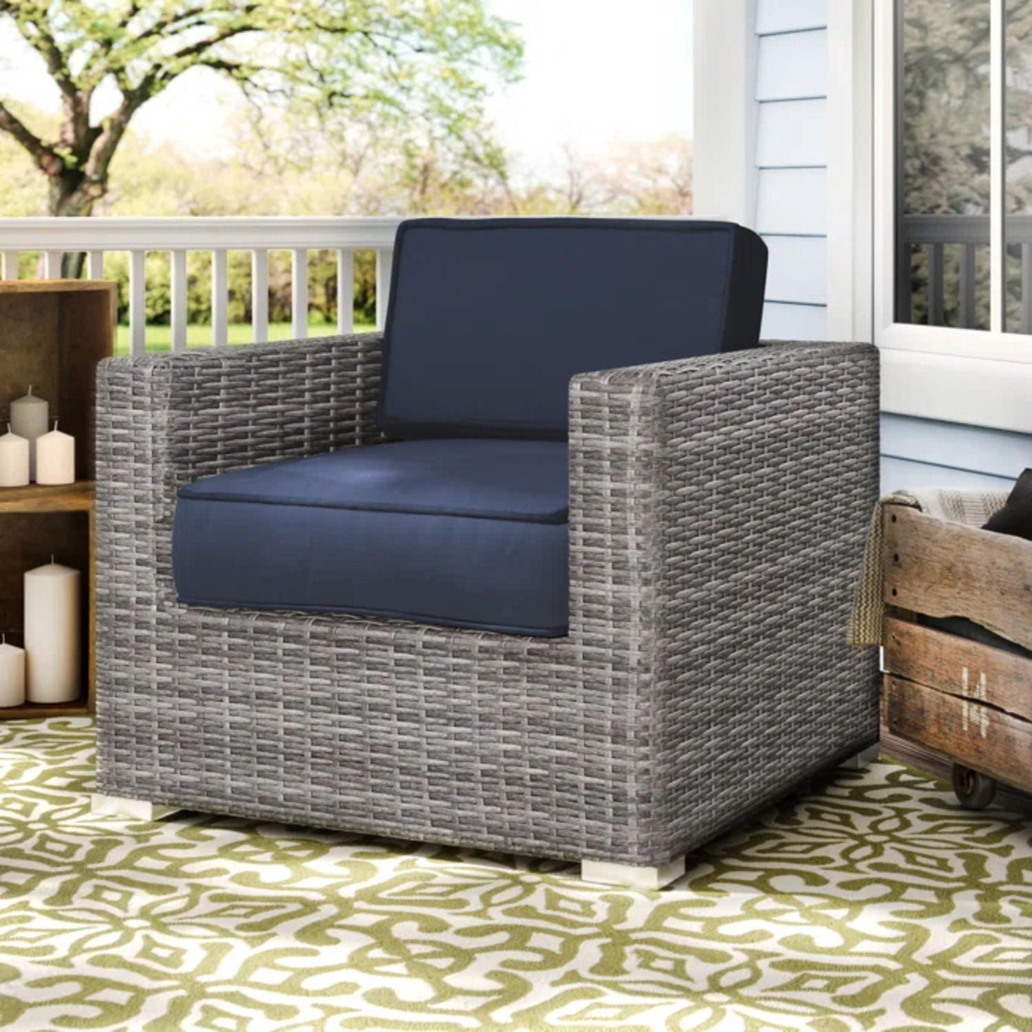 Patio Chair With Cushions navy cushions gray wicker outdoor arm chair HouseOfZazla on Tampa Home & Garden Store