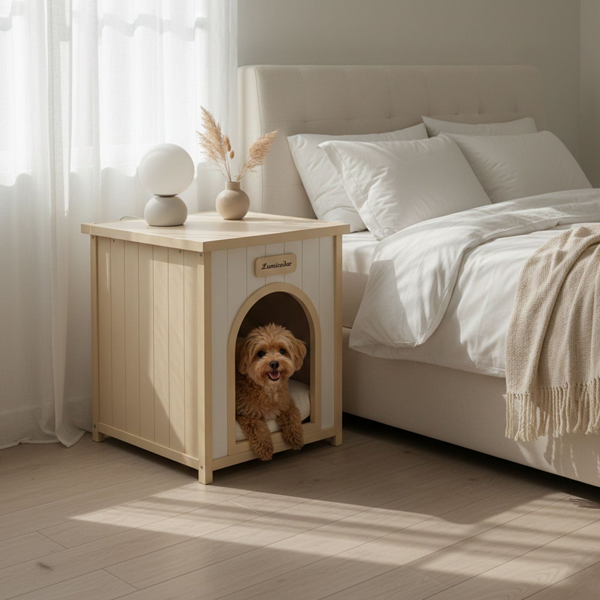 Indoor dog house with removable cushion in cream white and light yellow; small dog at entrance on Tampa Home & Garden Store