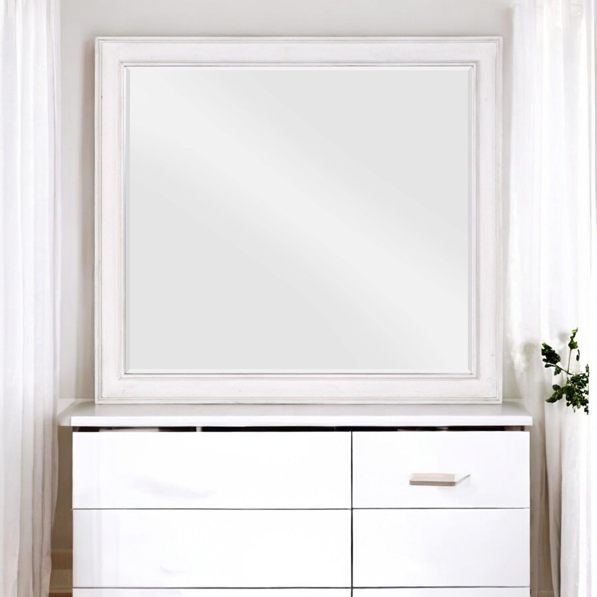 Weathered Mirror with Beveled Edge - White by HouseOfZazla, distressed white wood frame on Tampa Home & Garden Store