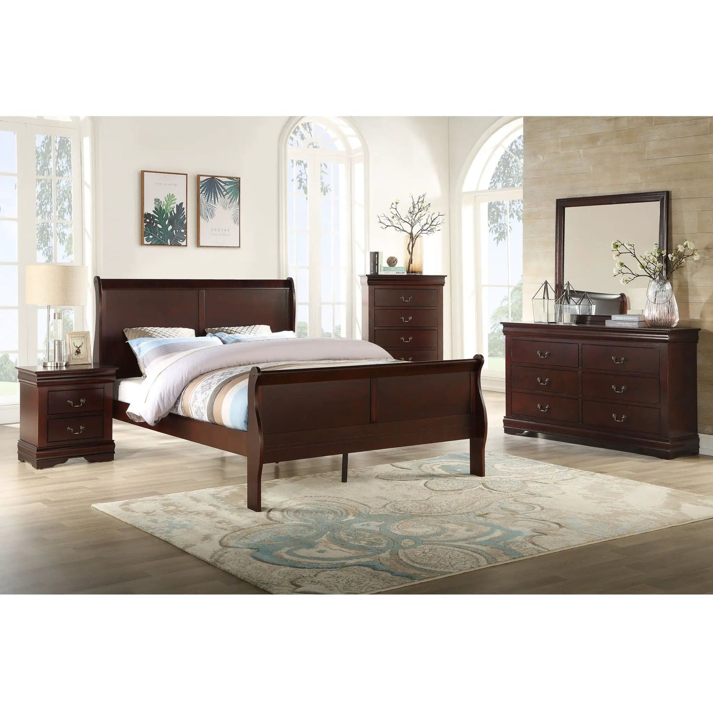 Louis Philip Cherry Chest with Five Drawers in solid wood, shown with matching bedroom furniture on Tampa Home & Garden Store