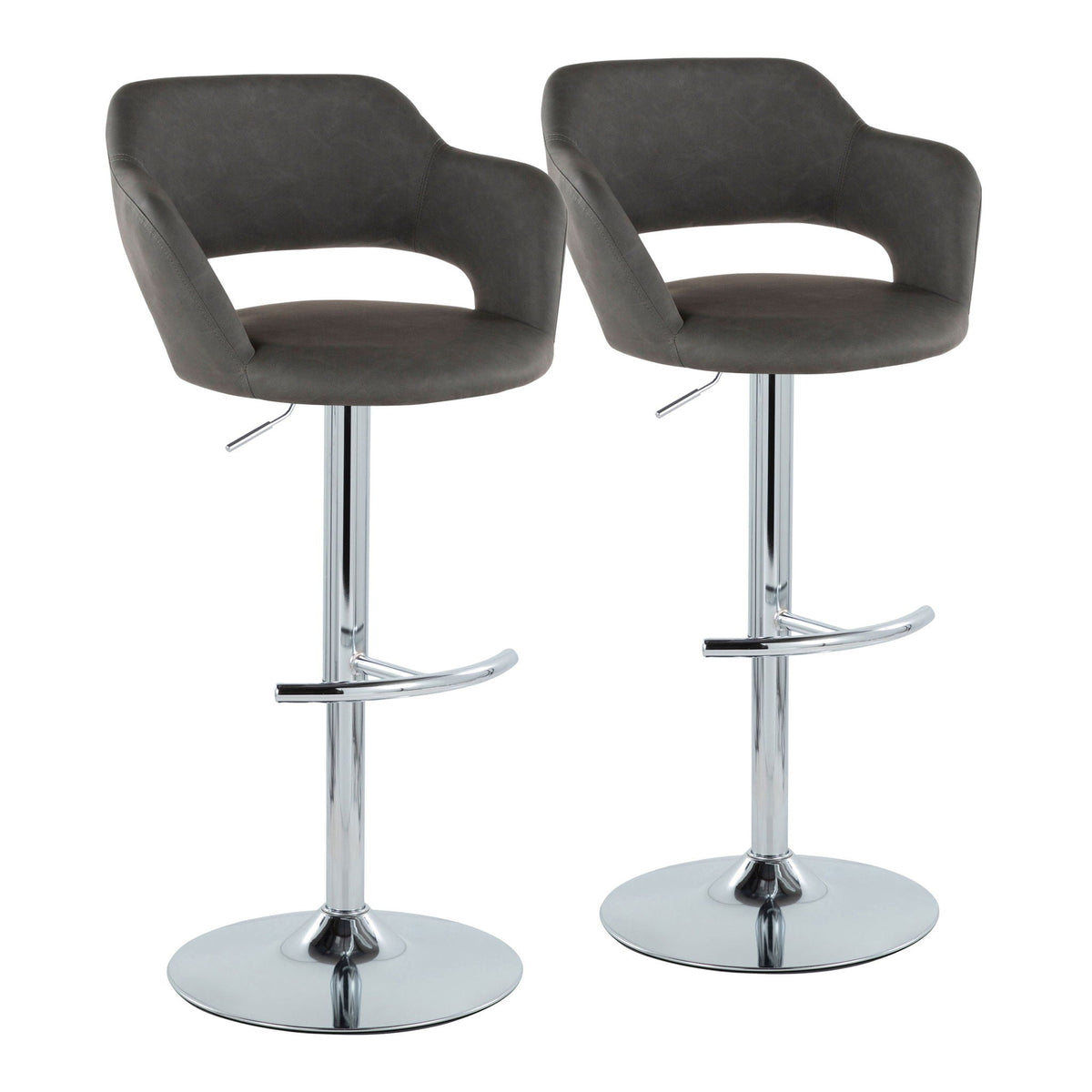 Pair of contemporary adjustable barstools with swivel in gray faux leather, chrome bases on Tampa Home & Garden Store