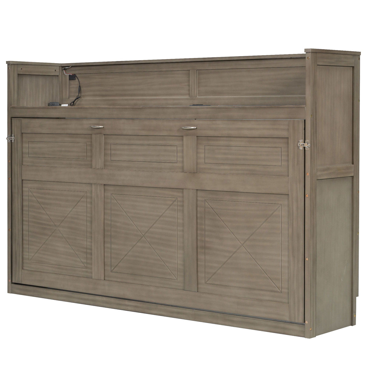 Murphy bed with desk storage unit in gray wood finish with LED light and USB charging on Tampa Home & Garden Store
