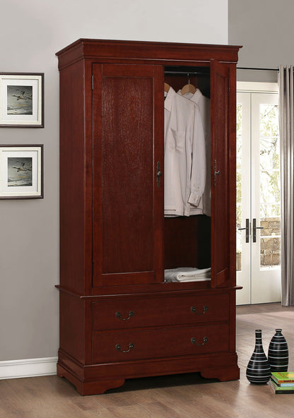 Traditional armoire with hanging bar in mahogany finish, two doors and bottom drawers on Tampa Home & Garden Store