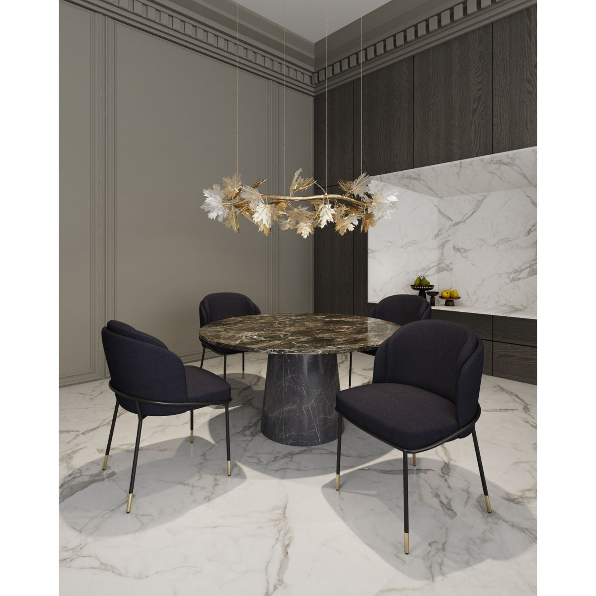 HouseOfZazla Flor dining chair with twill upholstery in dark navy four around marble table on Tampa Home & Garden Store