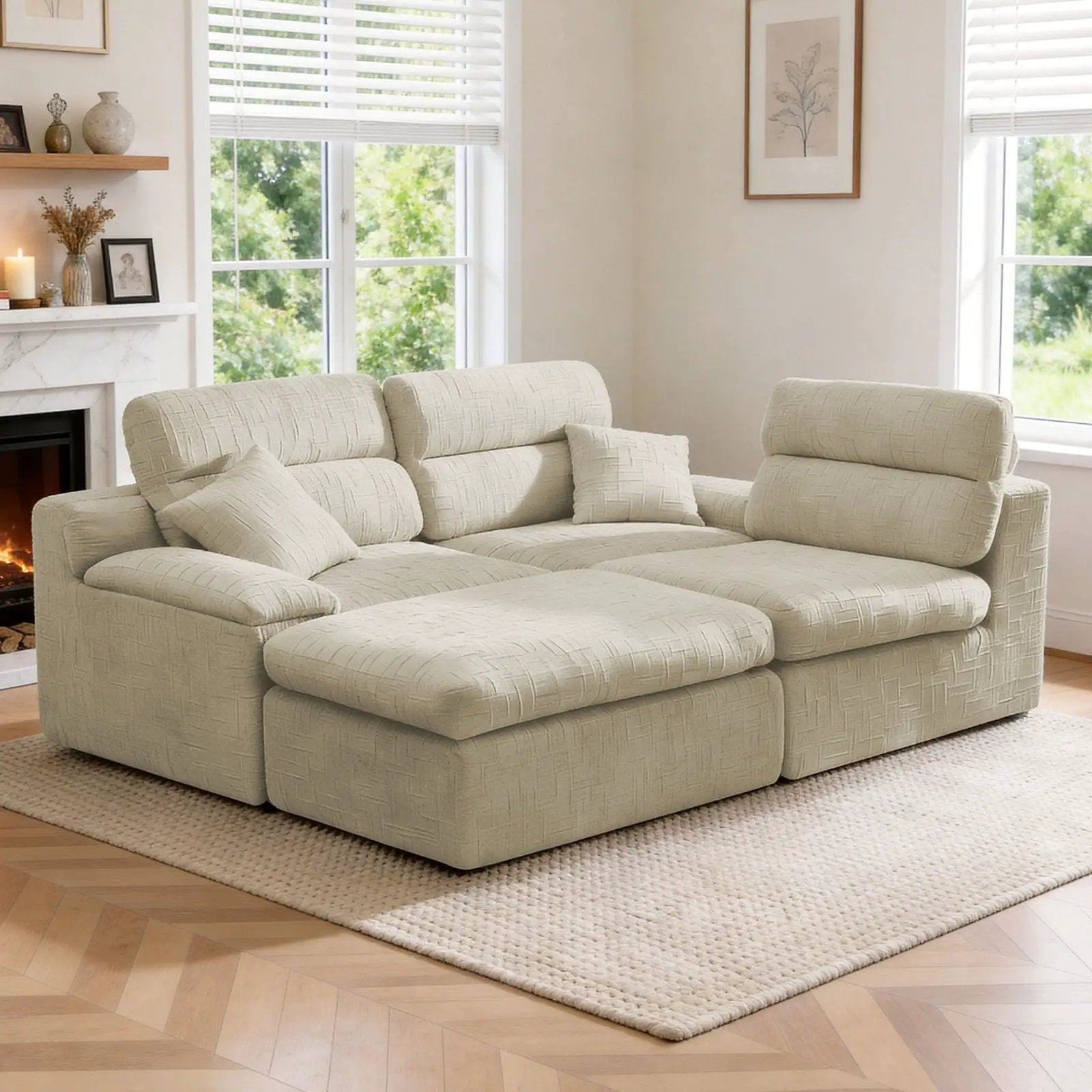 Corner Chaise Sofa With High Backrest in beige fabric, 2-piece set by Unique Piece Furniture on Tampa Home & Garden Store