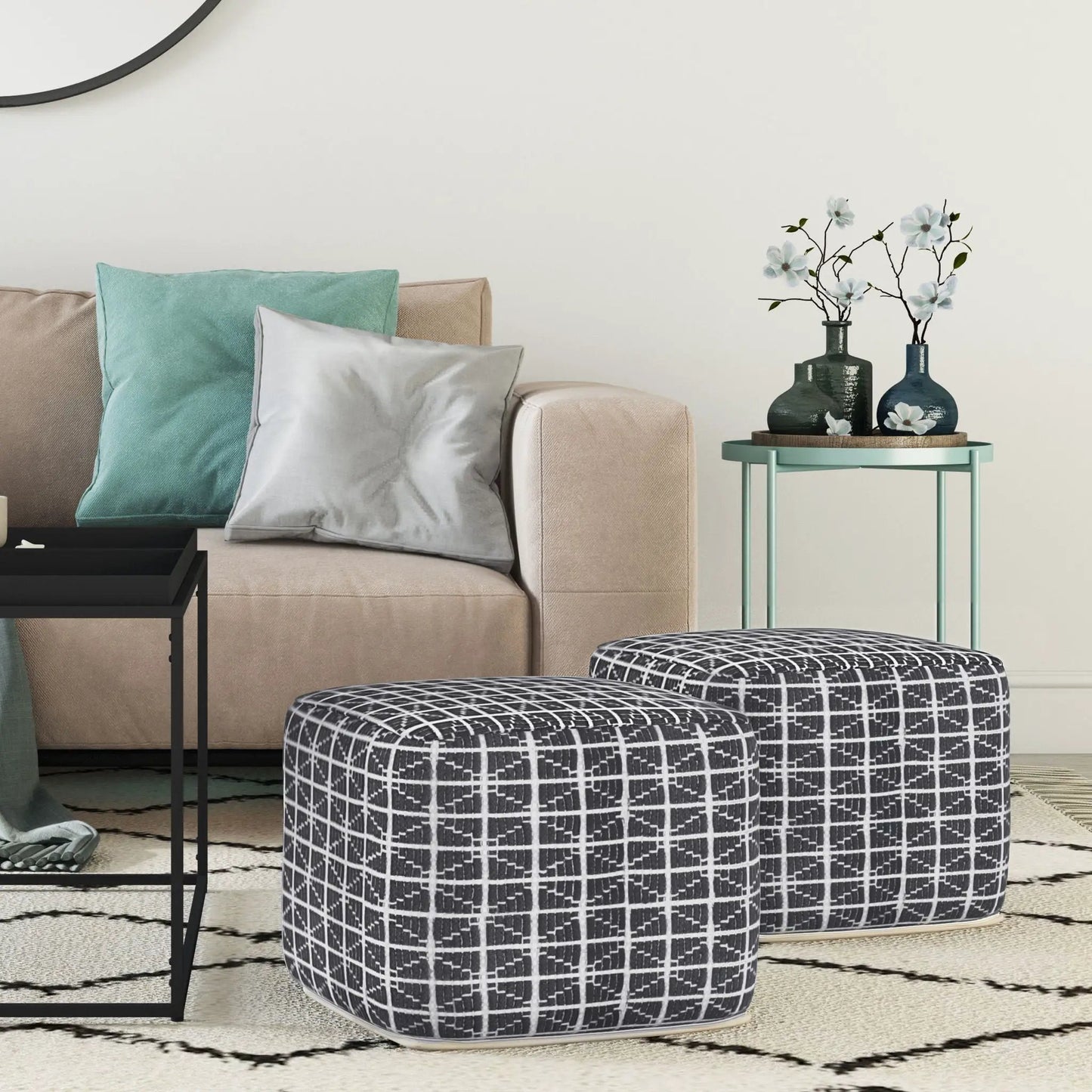 Noreen Upholstered Square Pouf Hand Woven Dark