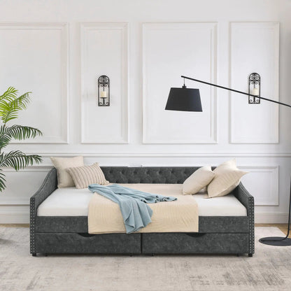 Upholstered Tufted Daybed With Drawers Waved Arms