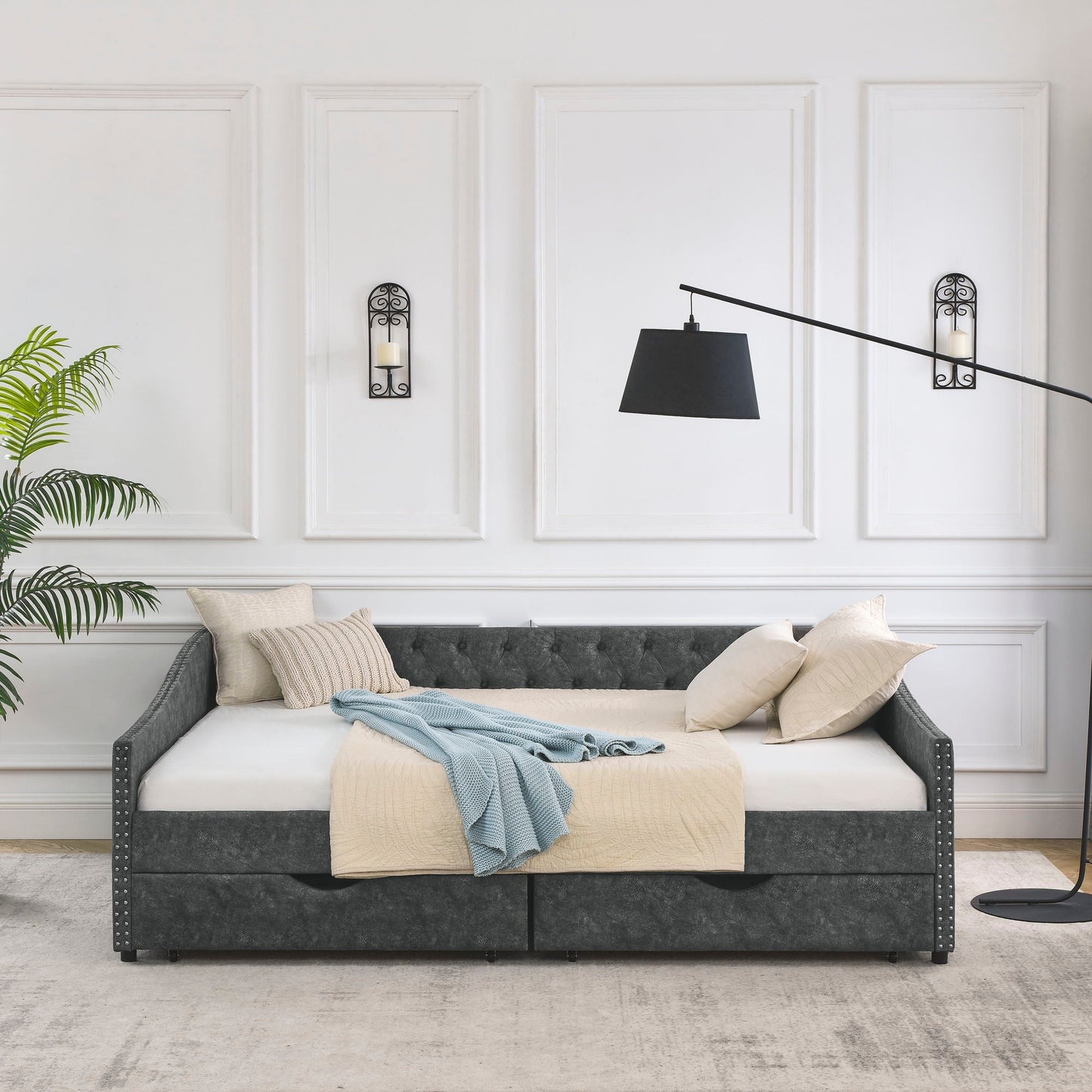 Upholstered Tufted Daybed with Storage Drawers