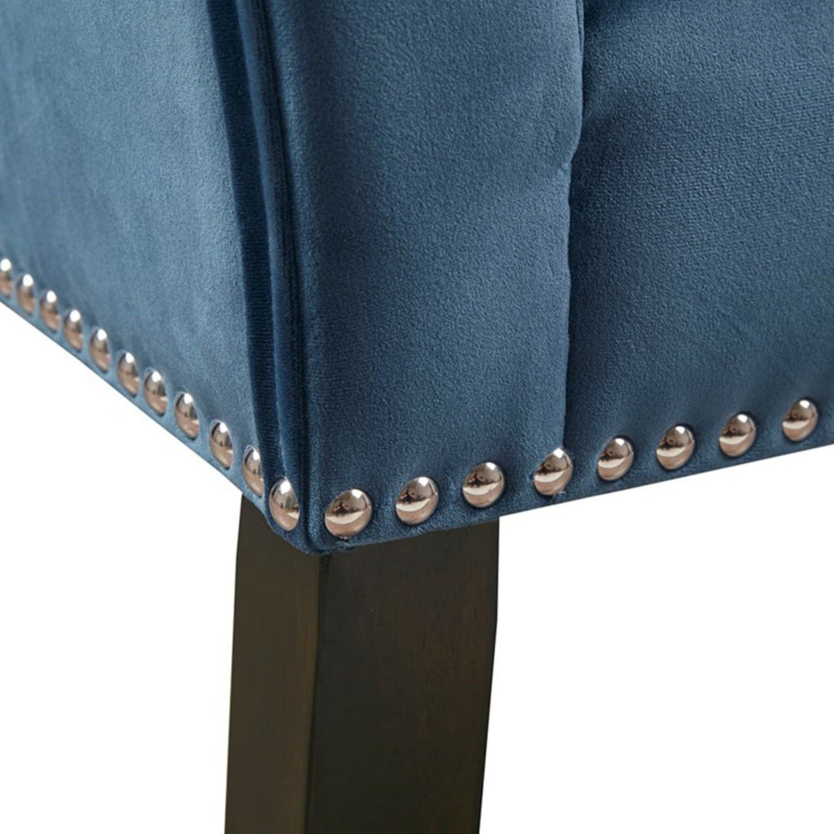 Welburn Upholstered Bench blue velvet with nailhead trim and dark wood legs on Tampa Home & Garden Store