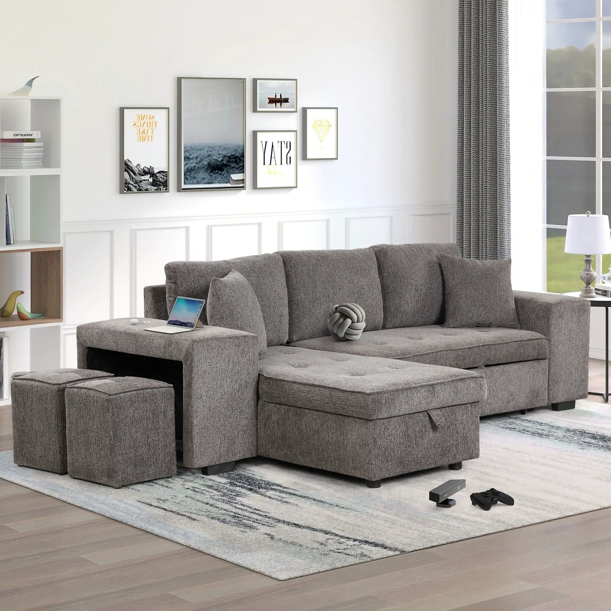 Modern L-Shape 3-Seat Reversible Sectional Couch in gray fabric with chaise and 2 stools on Tampa Home & Garden Store