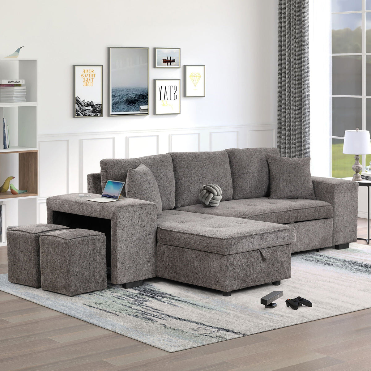 Modern gray L-shaped sleeper sectional sofa with reversible storage chaise and 2 ottomans on Tampa Home & Garden Store