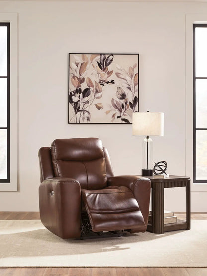 Bexhurst power recliner with adjustable headrest in brown leather on Tampa Home & Garden Store