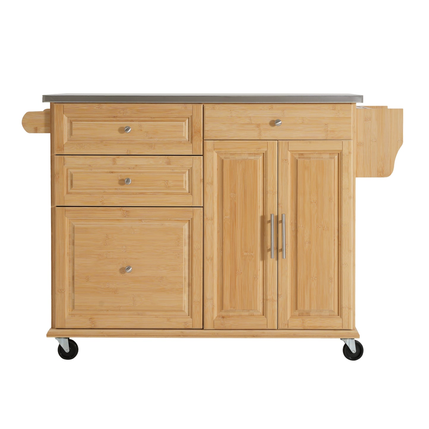 Bamboo Rolling Kitchen Island with Steel Top